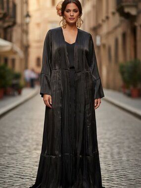 Good American Black Pleated Duster Coat Jacket Long Sleeve Size 5 (2XL) Elegant
